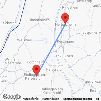 Karte Anfahrt von Endingen nach Herbolzheim