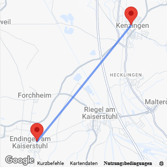 Karte Anfahrt von Endingen nach Kenzingen