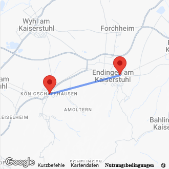 Karte Anfahrt von Endingen nach Königschaffhausen