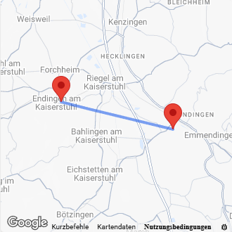 Karte Anfahrt von Endingen nach Teningen