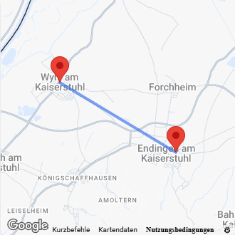 Karte Anfahrt von Endingen nach Wyhl am Kaiserstuhl